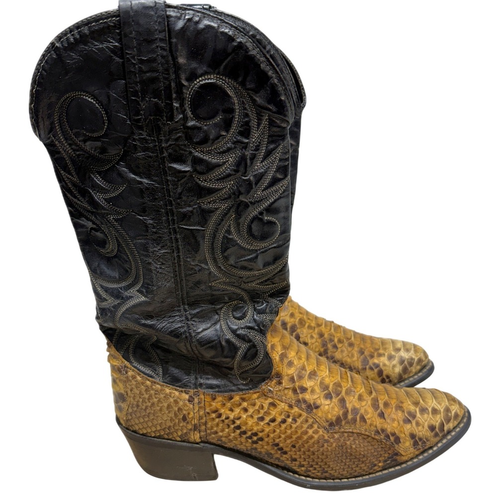 ACME Vintage Genuine Python Snakeskin Cowboy Boots Men's 9D Black Tan - Picture 2 of 14